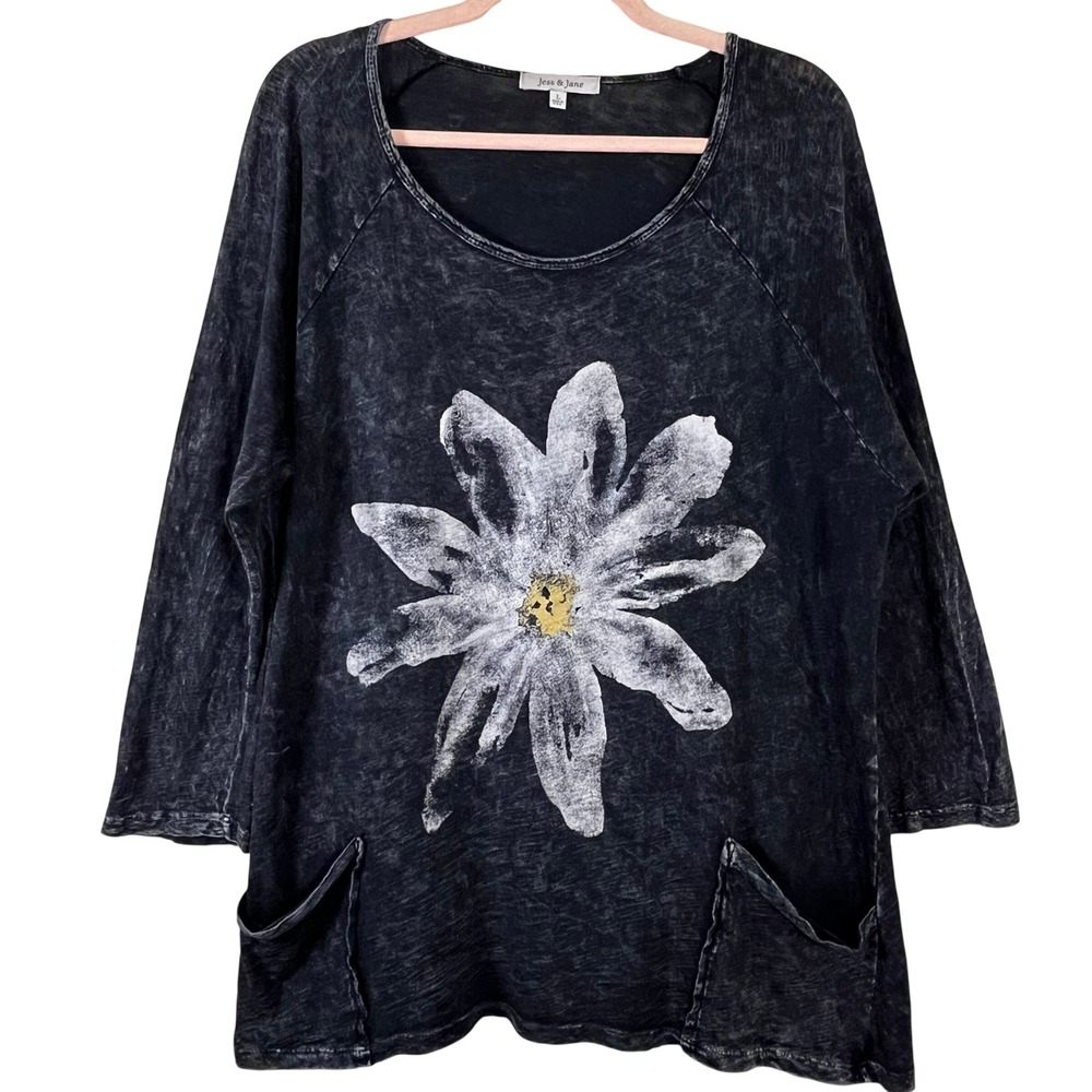 Jess & Jane Black Mineral Wash Daisy Tunic Top L Pockets Lagenlook Artsy Boho